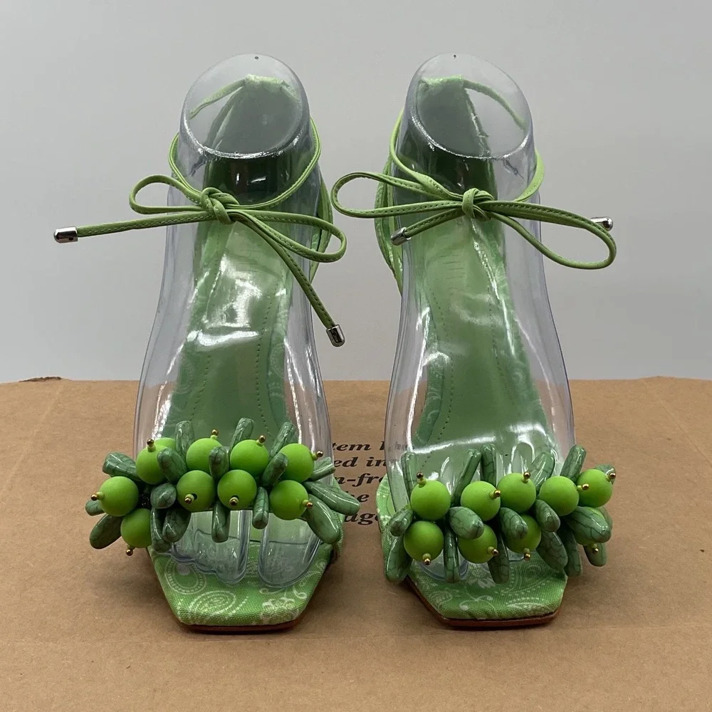 Schutz Green Paisley Beaded Ankle Wrap Stiletto Square Toe Sandals Women 6B